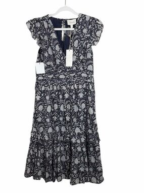 NWT Cleobella Cherie Midi Dress in Navy Block Print Size Large Boho Organic